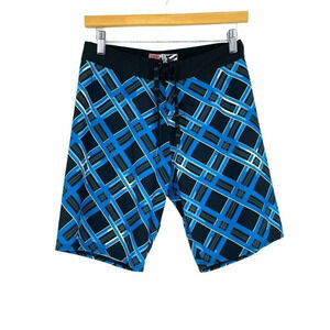 Micros Shorts Boy's Sz 14 Swim Trunks Drawstring Pocket Casual Plaid Blue Black